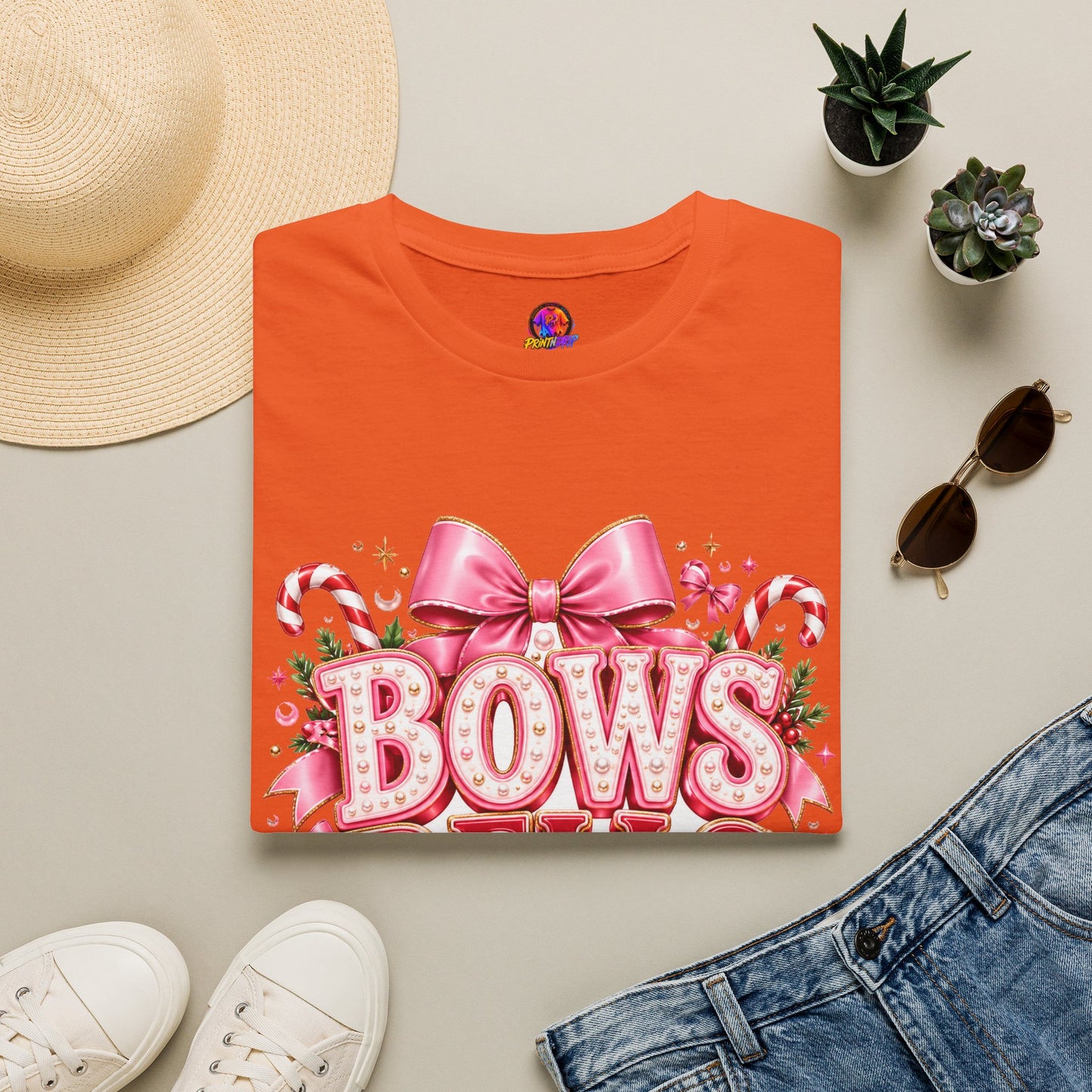 Bows Bells Bliss Christmas T‑Shirt — Pink Holiday Bow Graphic