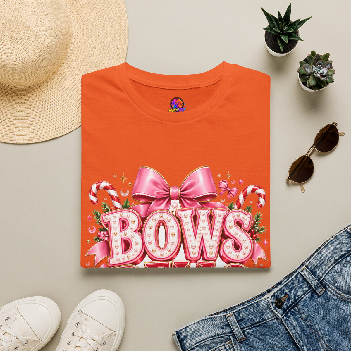 Bows Bells Bliss Christmas T‑Shirt — Pink Holiday Bow Graphic