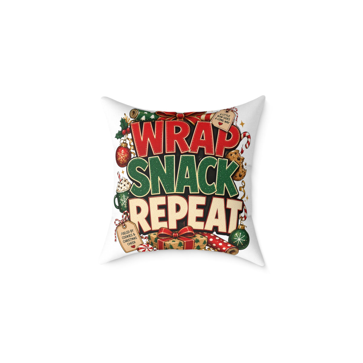 Christmas Holiday Pillow - "Wrap Snack Repeat" Christmas Decorative Throw Pillow