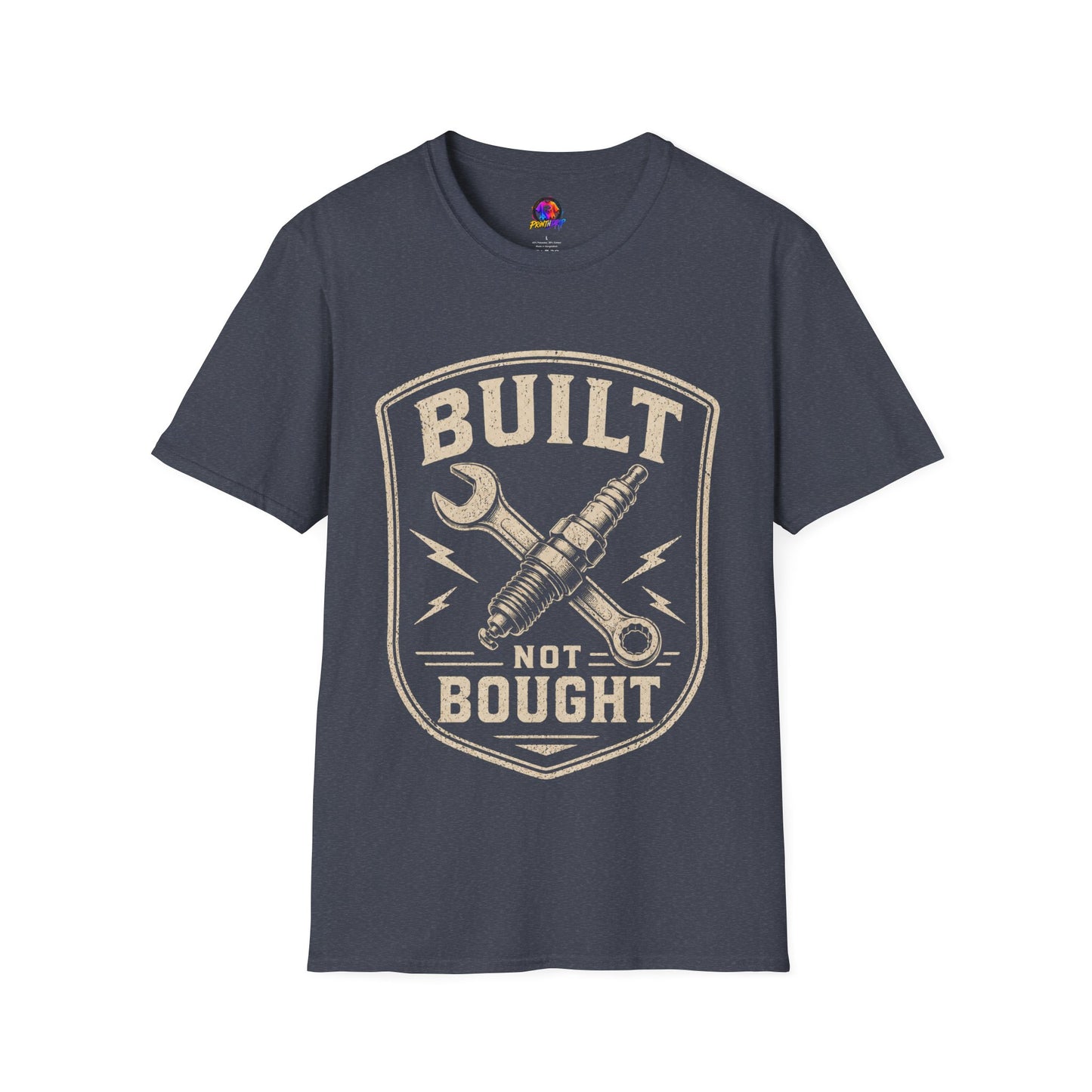Built Not Bought T-Shirt — Vintage Mechanic Wrench & Spark Plug Design