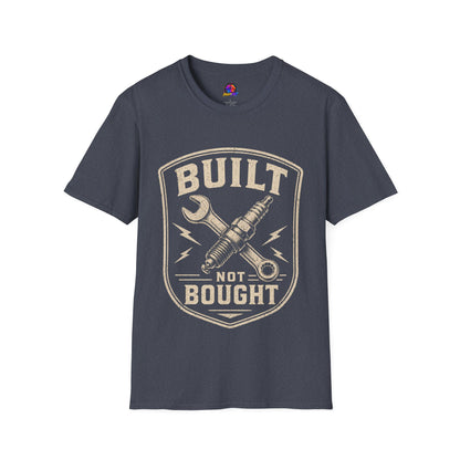 Built Not Bought T-Shirt — Vintage Mechanic Wrench & Spark Plug Design