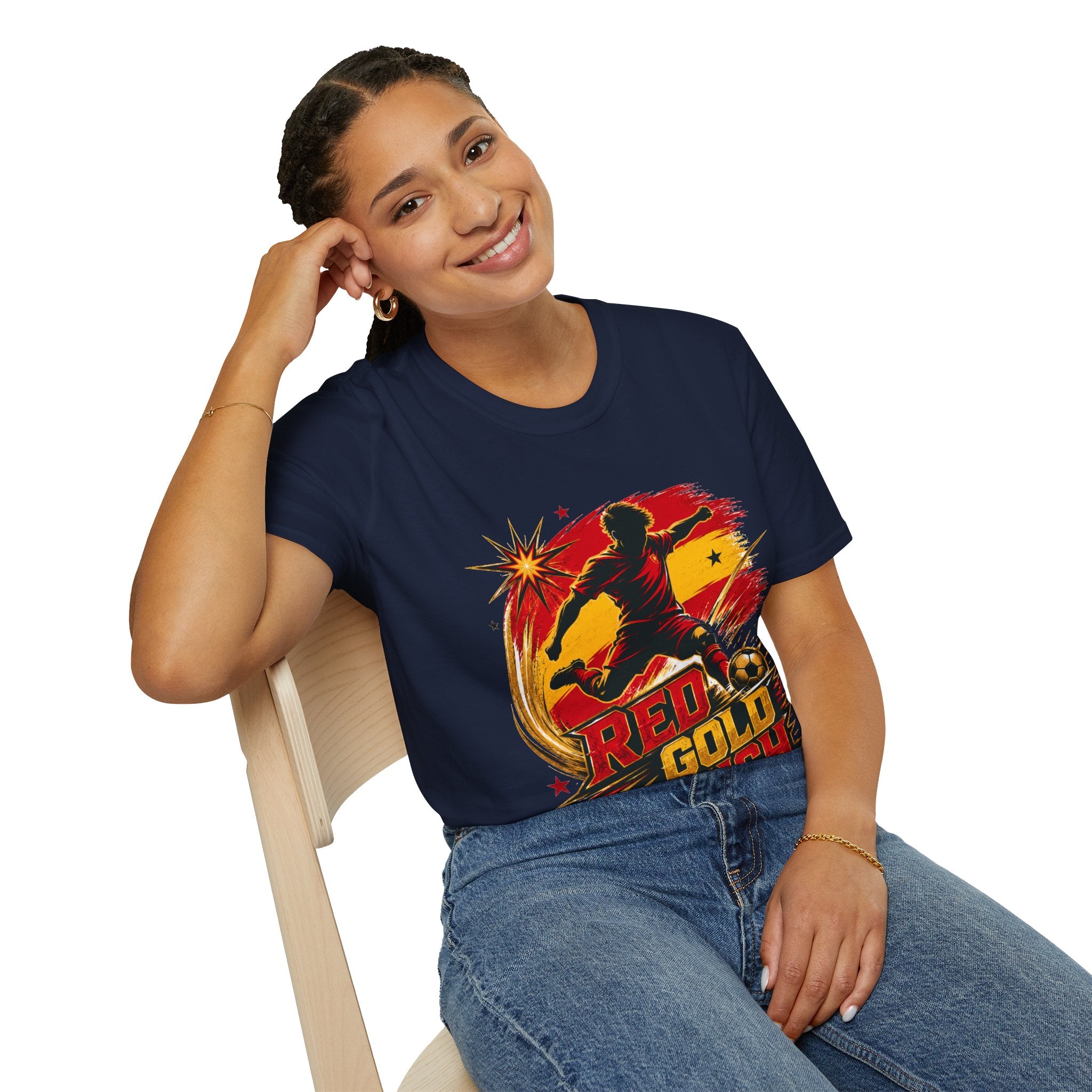 Spain Red & Gold Rush Soccer T-Shirt — Retro Soccer Player Graphic