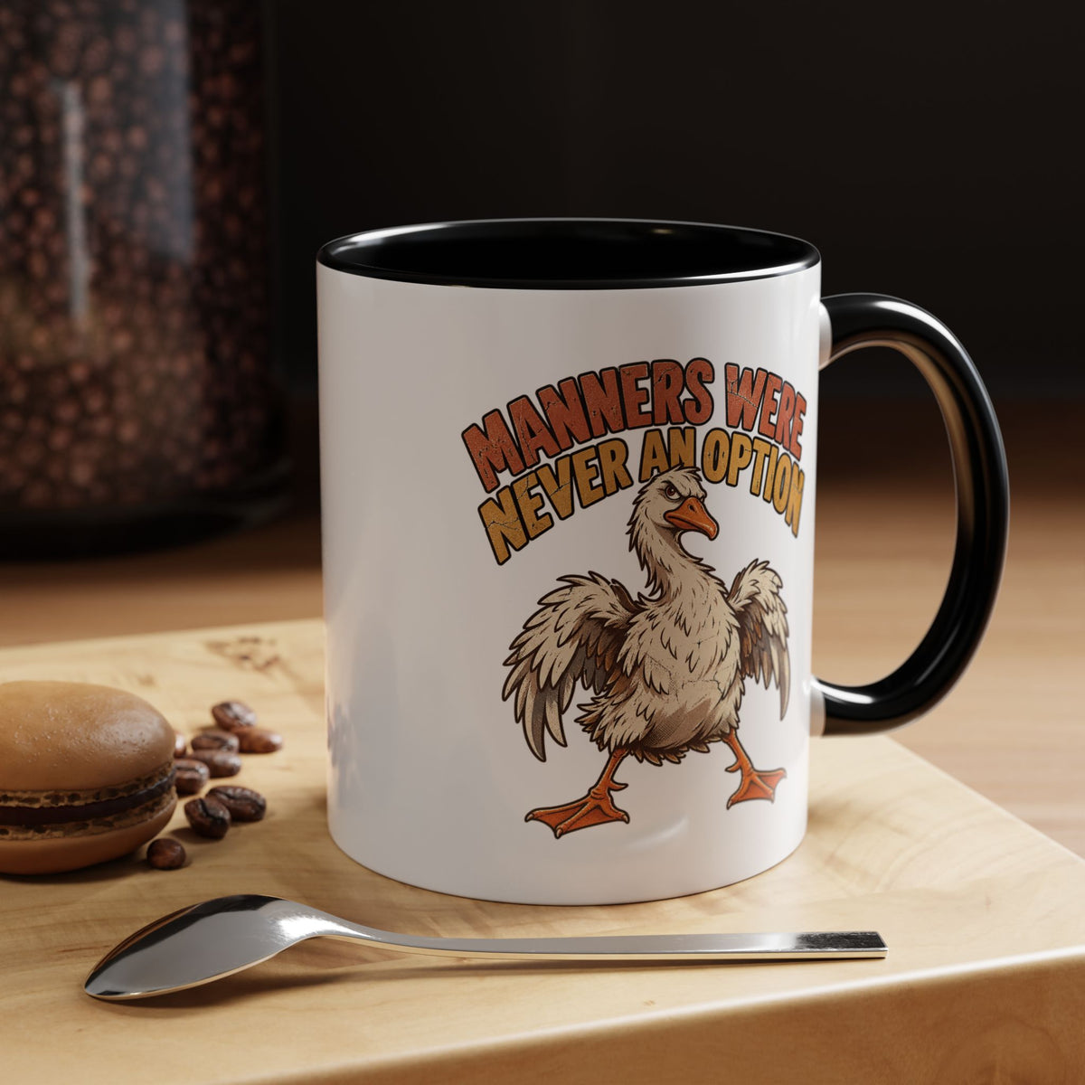 Coffee Mug — "Manners Were Never An Option" Funny Rude Chicken Accent Mug
