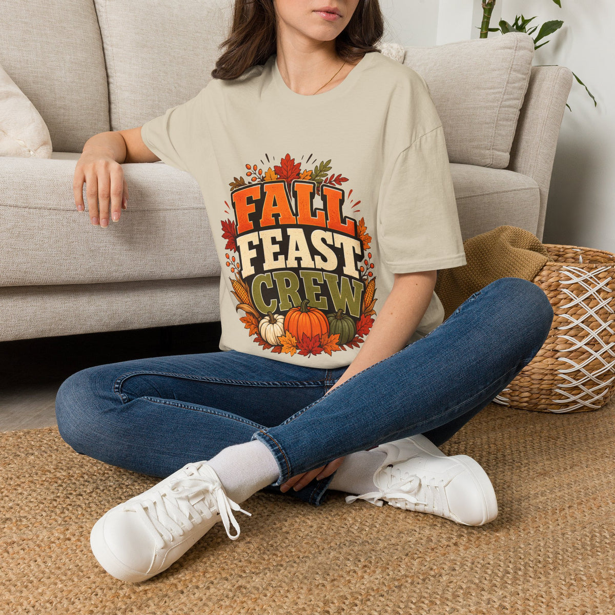Thanksgiving T-Shirt Fall Feast Crew T-Shirt — Thanksgiving Pumpkin & Leaves Graphic Tee