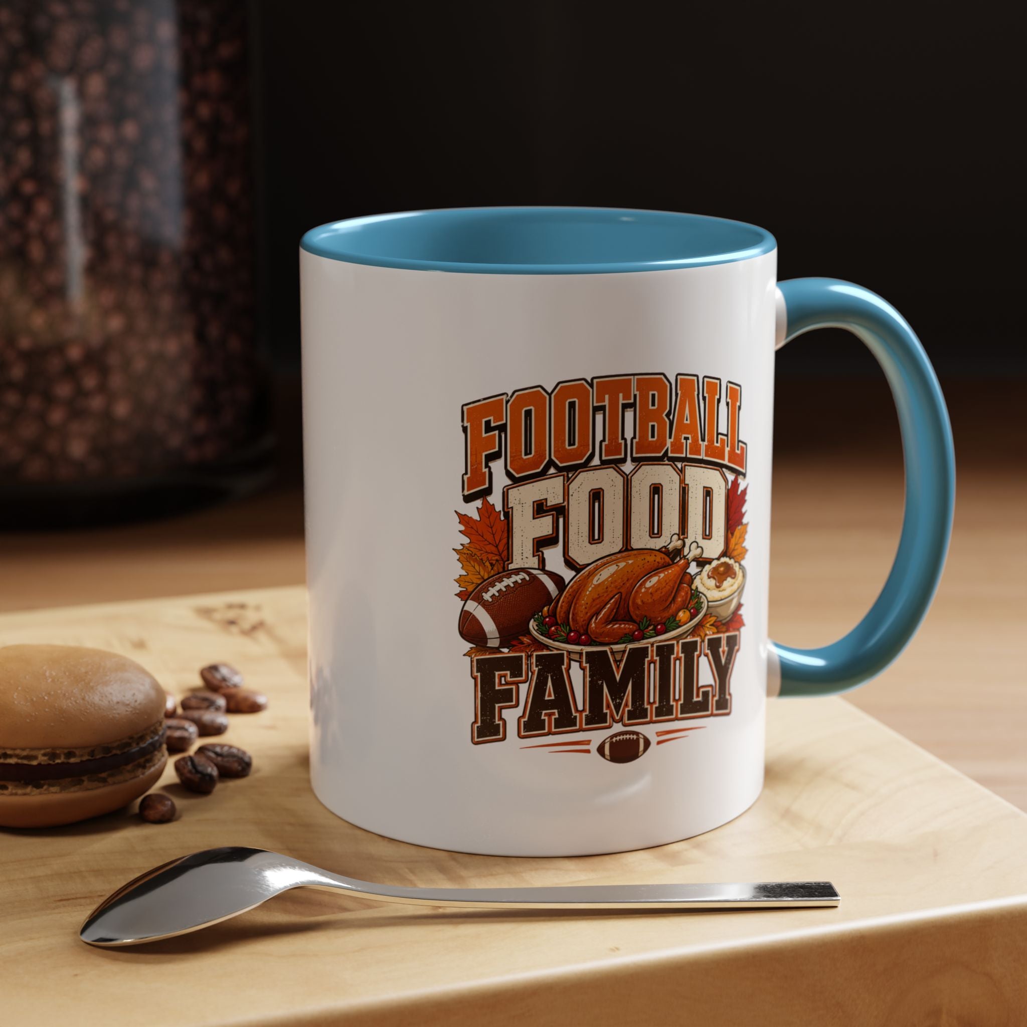 Thanksgiving Mug Football, Food & Family Coffee Mug — Thanksgiving Game Day Accent Mug