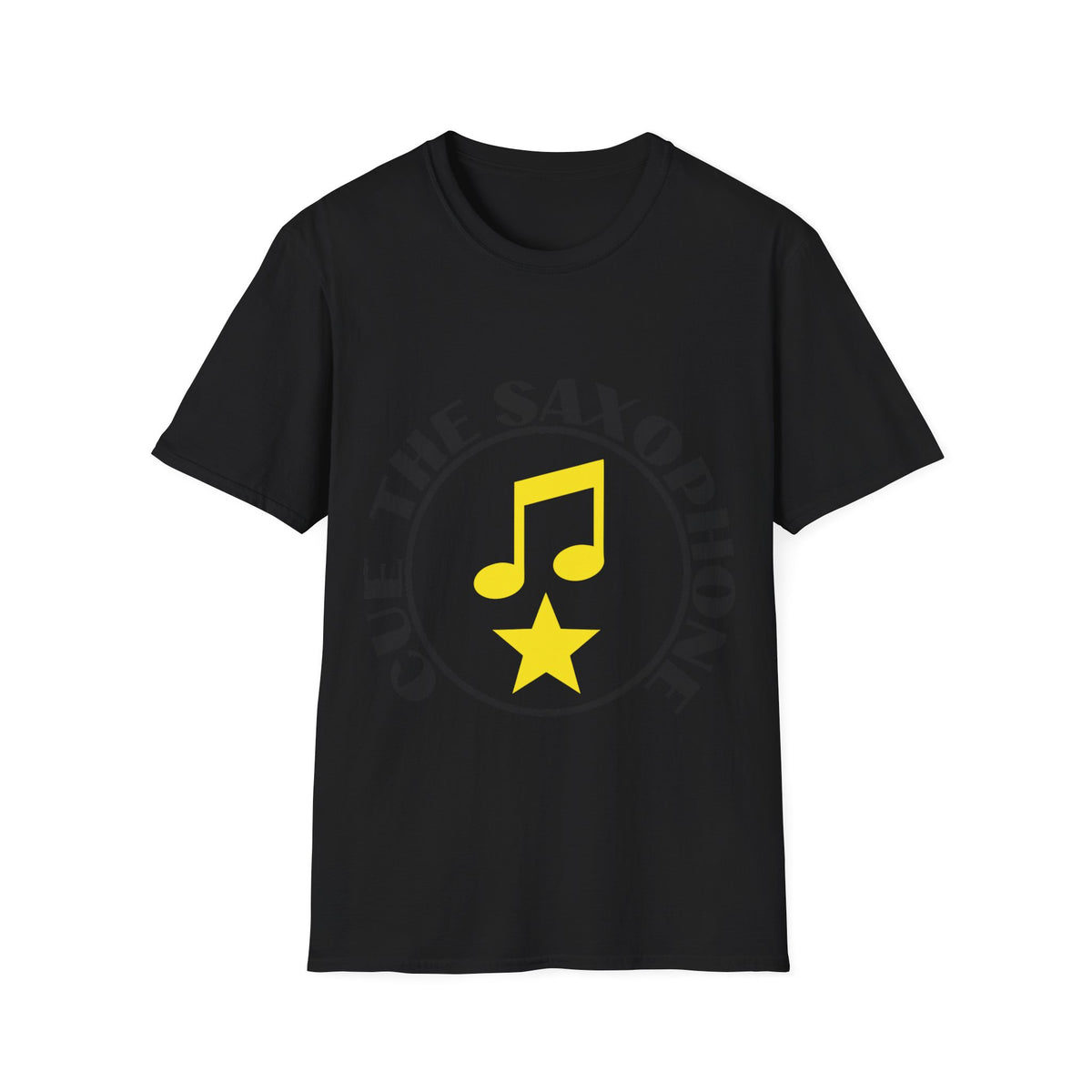 Cue The Saxophone Yellow Badge Tee - Funny Retro Music Slogan Graphic T-Shirt - Trending Now - September 2026