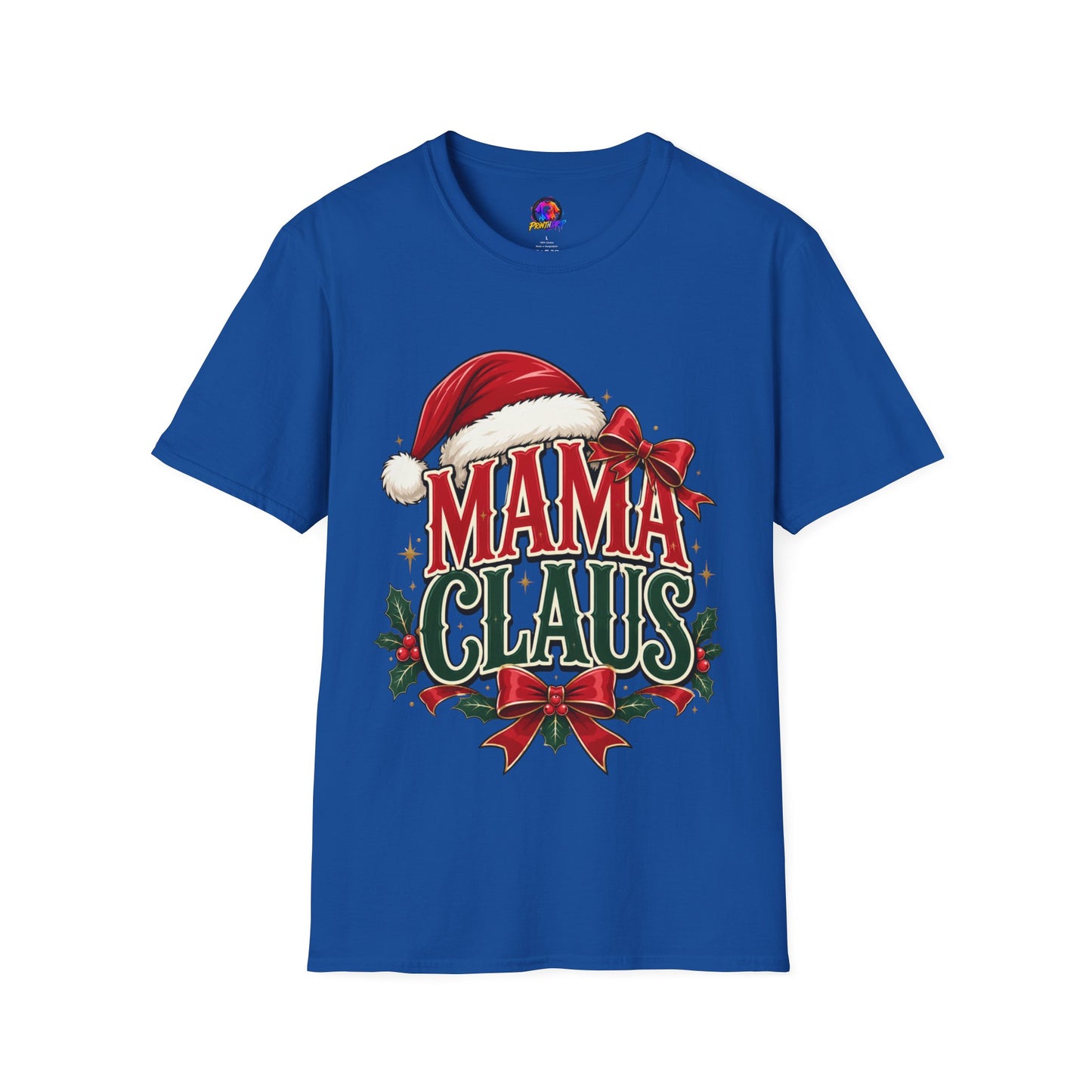 Mama Claus T-Shirt — Festive Christmas Mom Tee with Santa Hat & Bow
