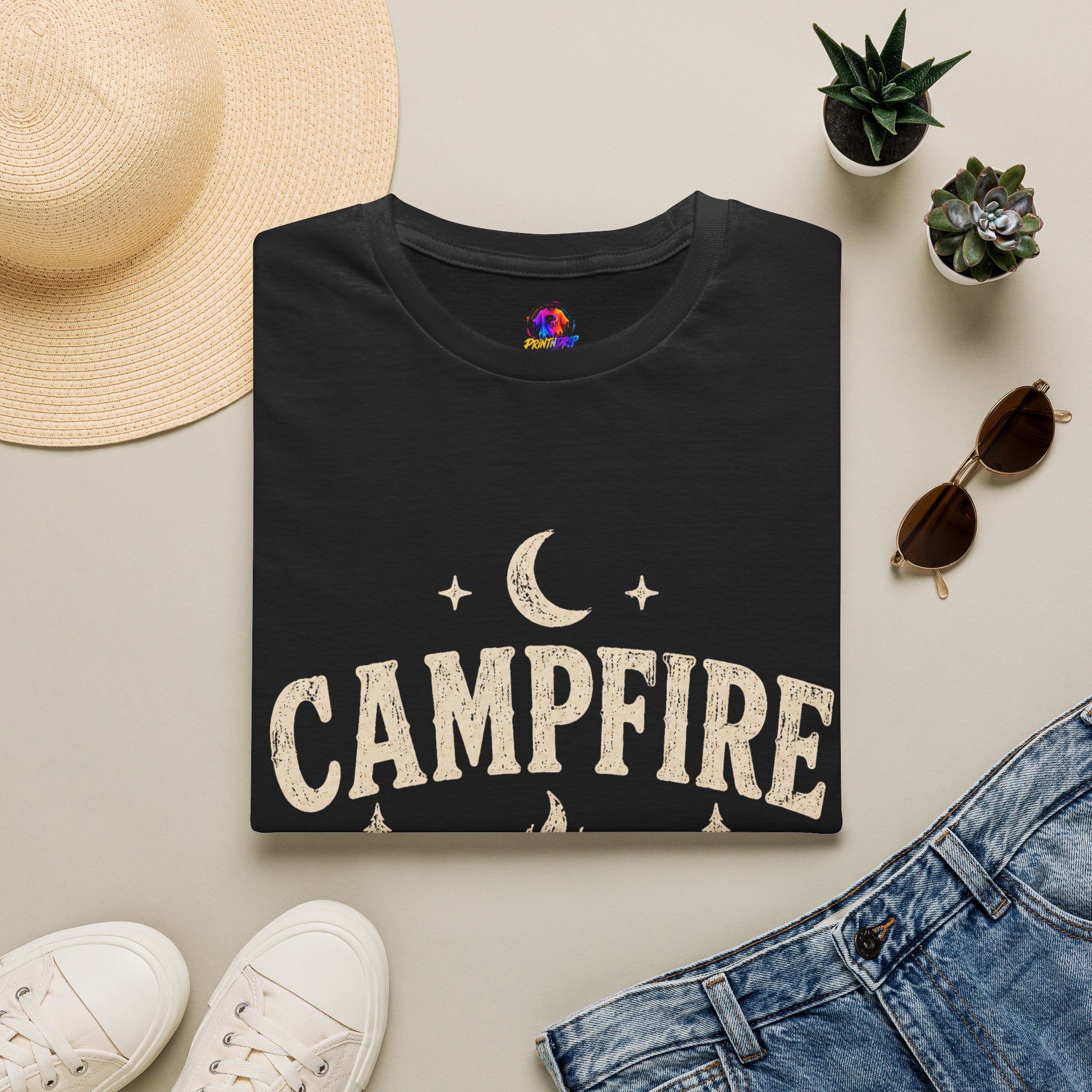 Campfire After Dark T-Shirt — Cozy Camping Moon & Trees Graphic