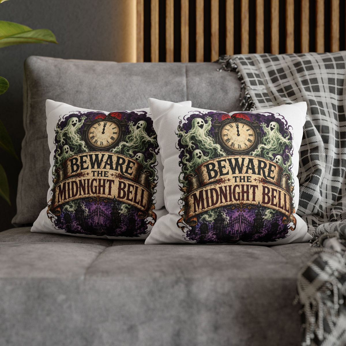 Halloween Beware the Midnight Bell Pillowcase — Haunted Clock & Ghosts Decorative Throw Pillow