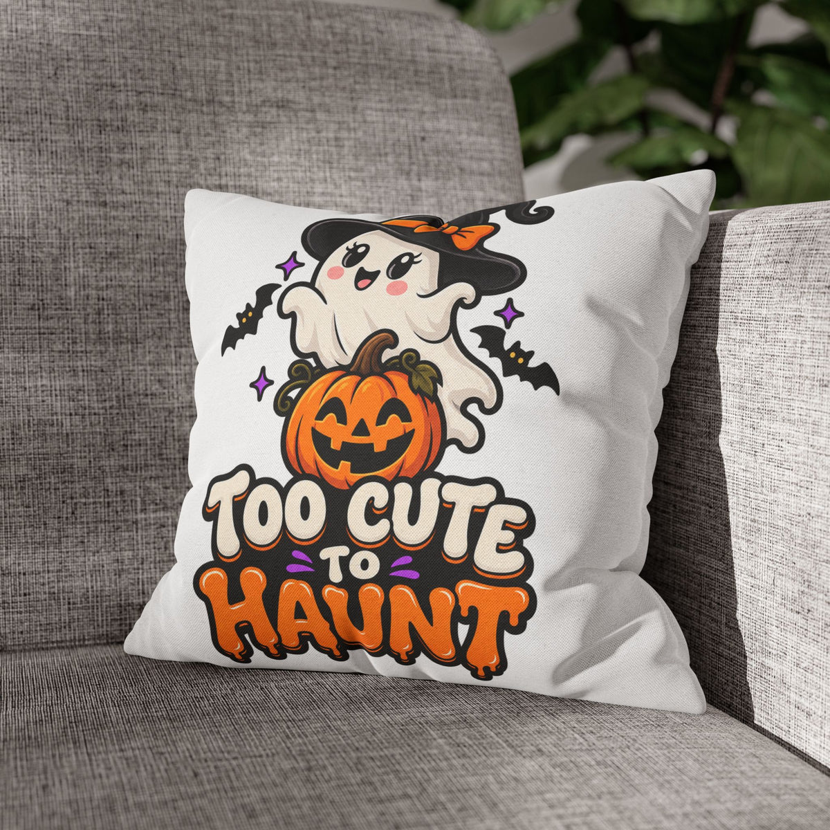 Halloween Pillowcase — "Too Cute to Haunt" Ghost Pumpkin Decorative Pillow Cover
