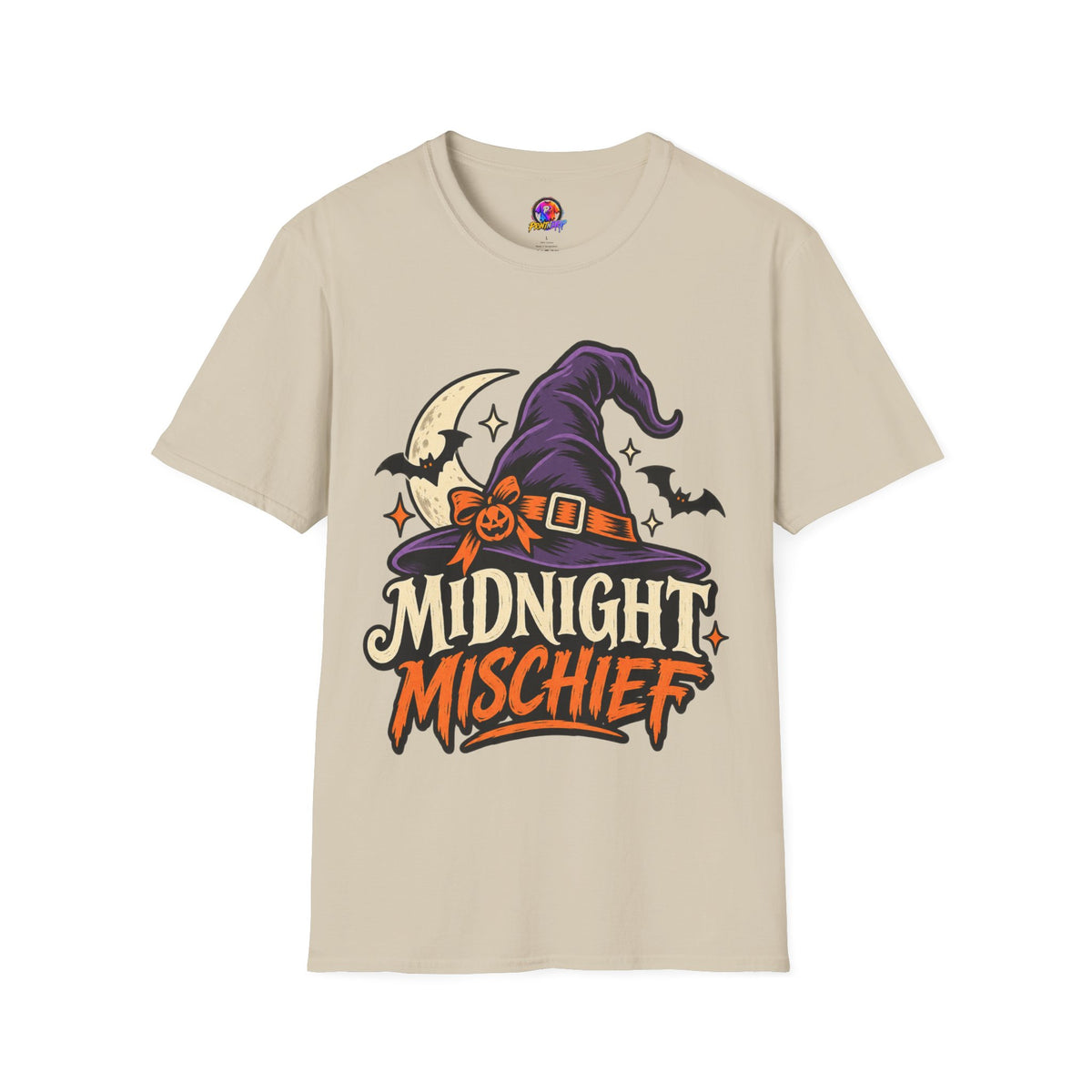 Midnight Mischief Halloween T-Shirt — Witch Hat & Bats Graphic
