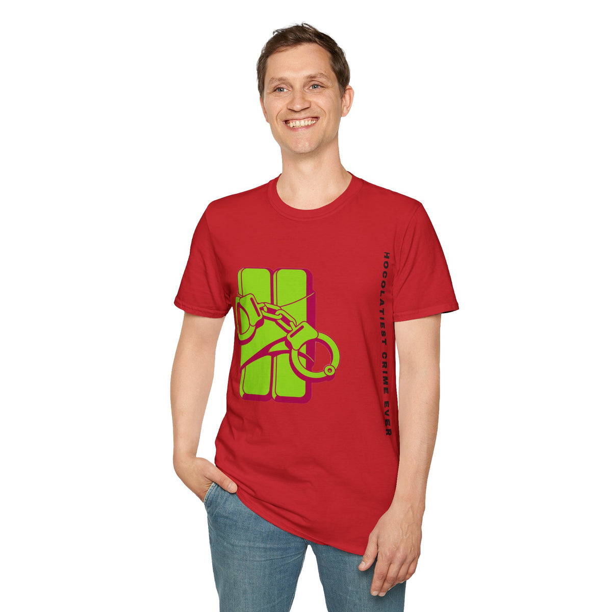 Chocolateie Graphic T‑Shirt — Green Candy Bar with Handcuffs Design - Trending Now - September 2026