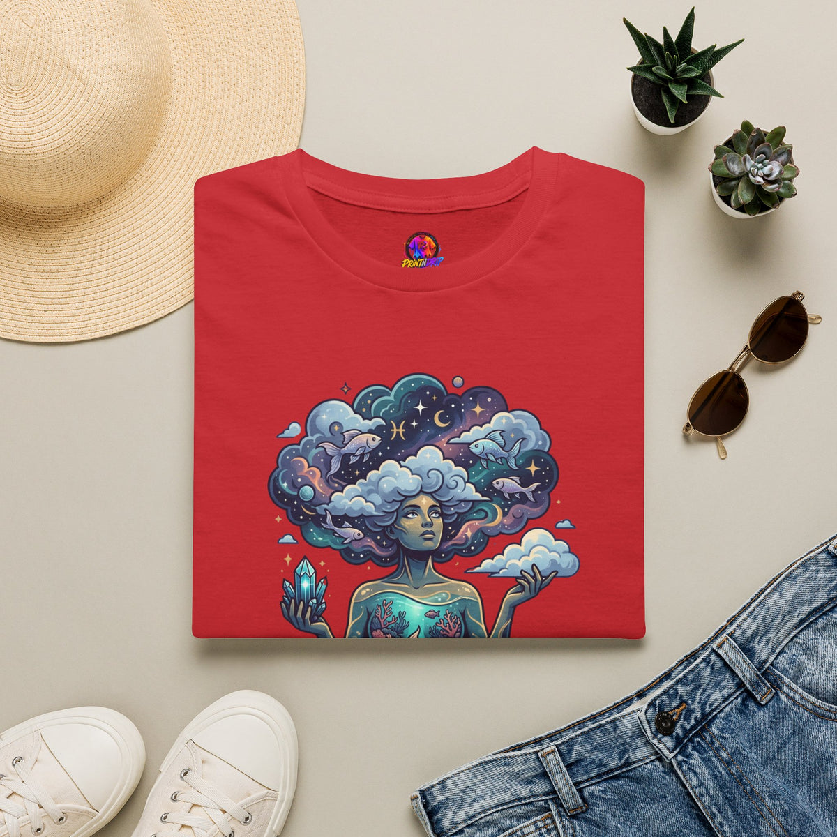 Pisces Zodiac in the Clouds T-Shirt — Dreamy Cosmic Woman Graphic Tee