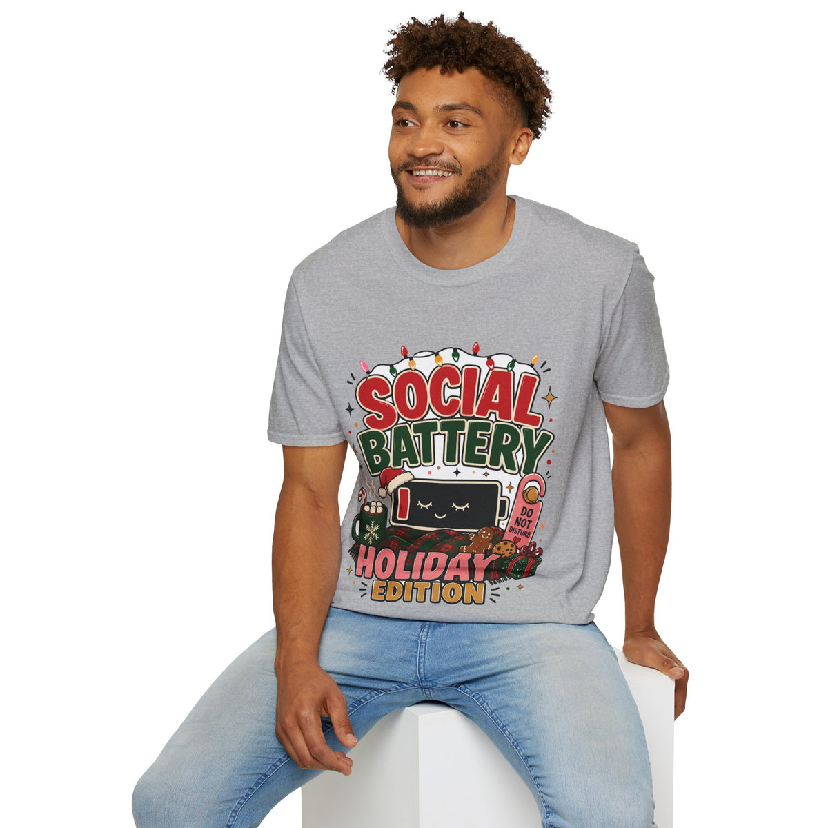 Social Battery Holiday T‑Shirt — Funny Christmas Recharge Graphic Tee