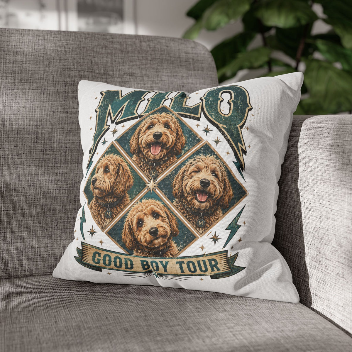 Milo “Good Boy Tour” Dog Photo Square Pillowcase Milo Bailey Dog Dad Mom