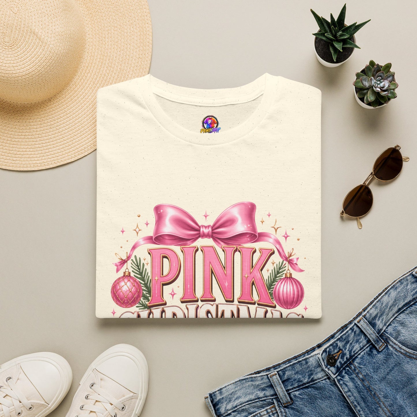 Pink Christmas Club T-Shirt — Womens Festive Holiday Tee with Bow & Ornaments