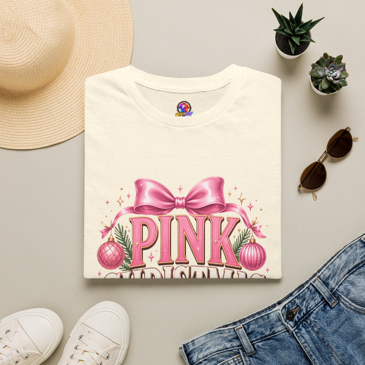 Pink Christmas Club T-Shirt — Womens Festive Holiday Tee with Bow & Ornaments