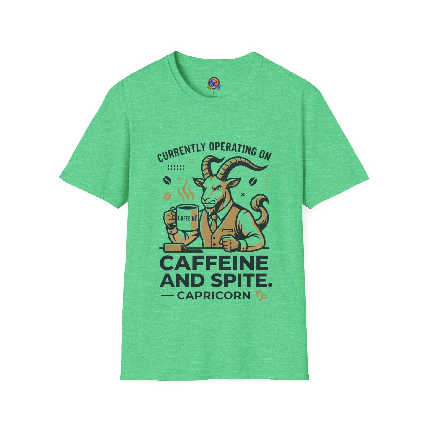 Capricorn T-Shirt — "Currently Operating on Caffeine and Spite" Zodiac Goat Tee