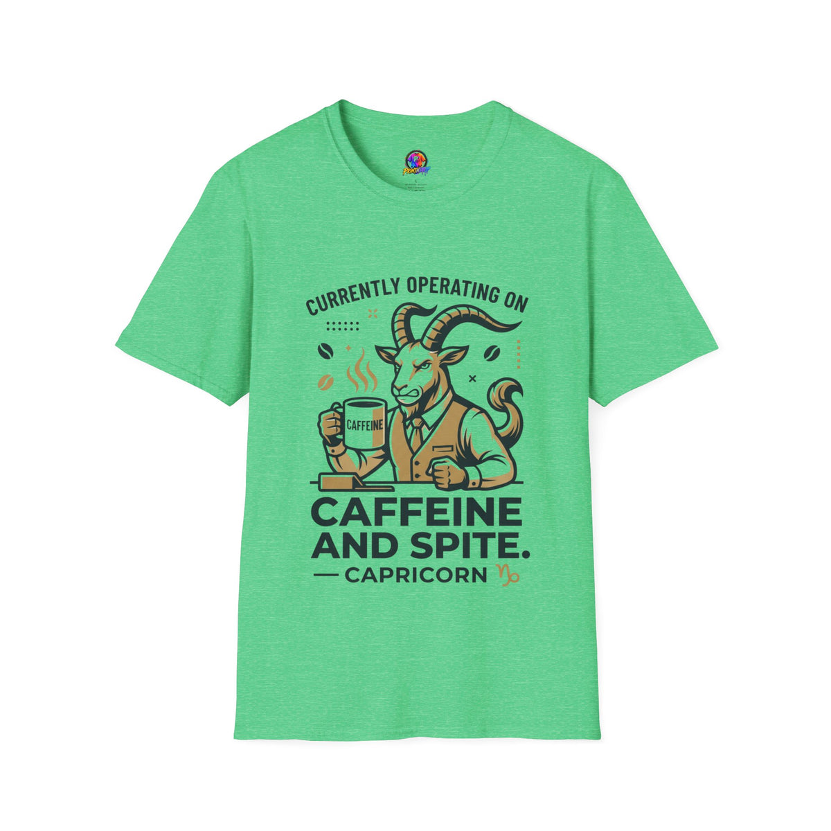 Capricorn T-Shirt — "Currently Operating on Caffeine and Spite" Zodiac Goat Tee