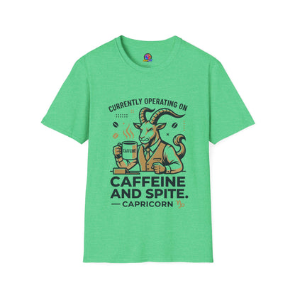 Capricorn T-Shirt — "Currently Operating on Caffeine and Spite" Zodiac Goat Tee