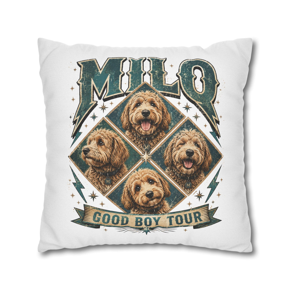 Milo “Good Boy Tour” Dog Photo Square Pillowcase Milo Bailey Dog Dad Mom