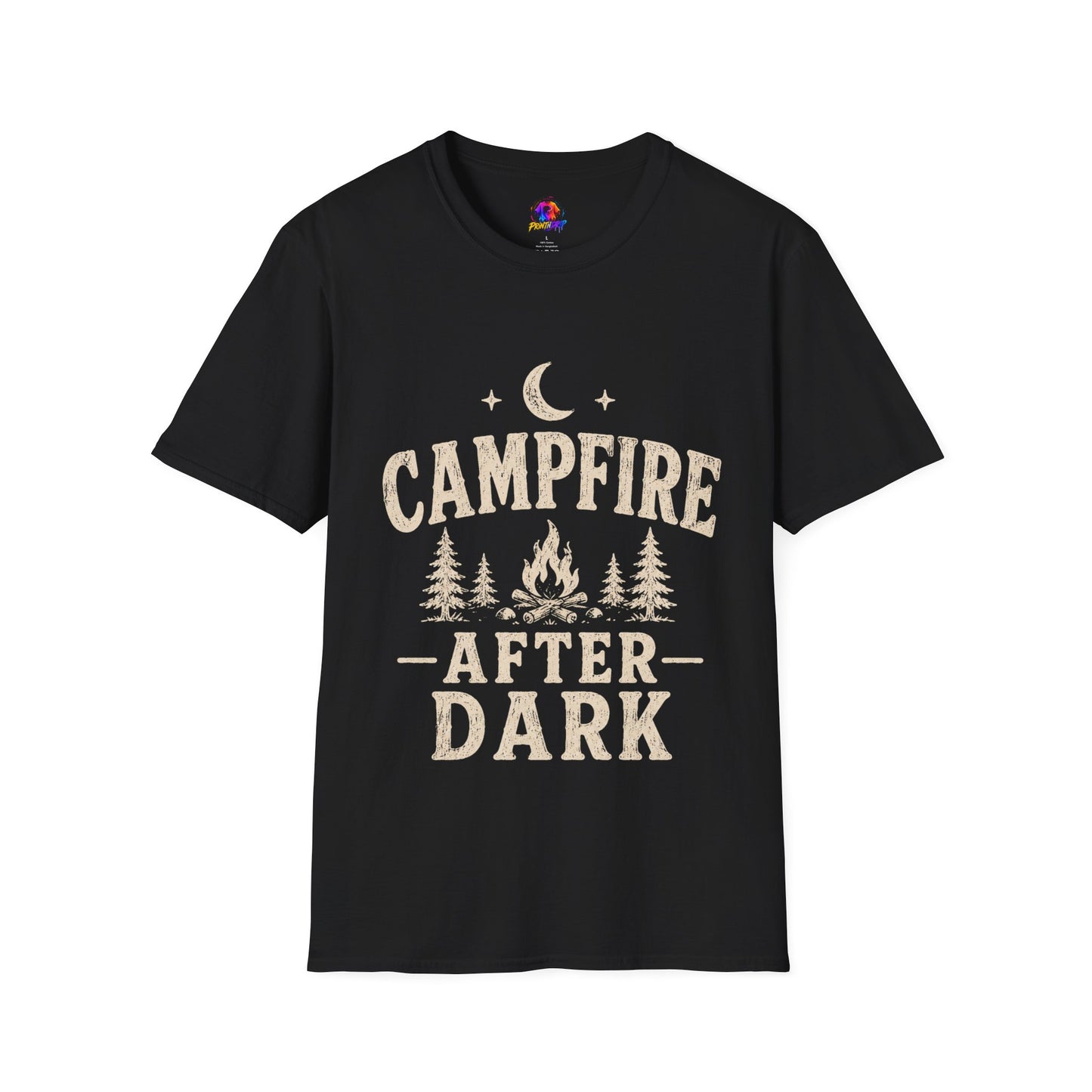Campfire After Dark T-Shirt — Cozy Camping Moon & Trees Graphic