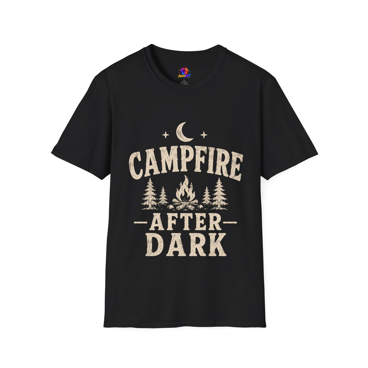 Campfire After Dark T-Shirt — Cozy Camping Moon & Trees Graphic
