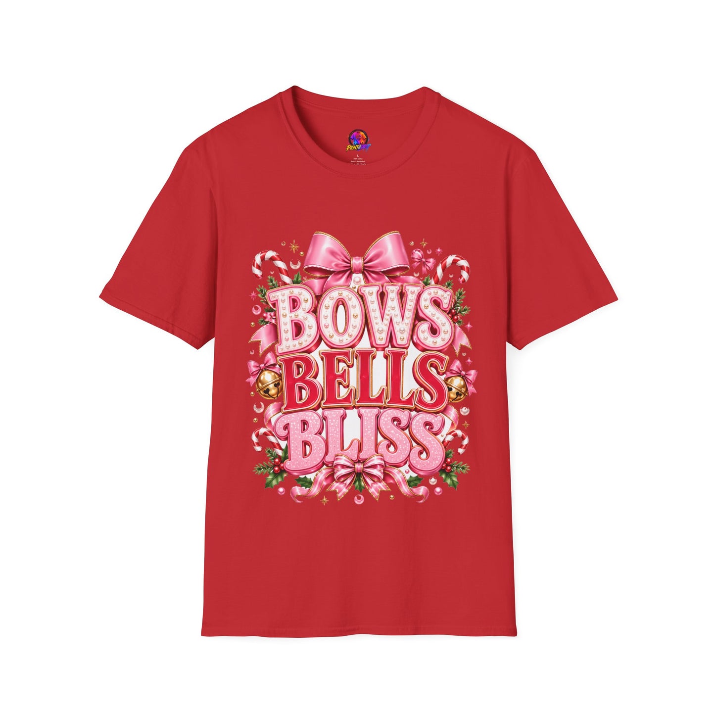 Bows Bells Bliss Christmas T‑Shirt — Pink Holiday Bow Graphic
