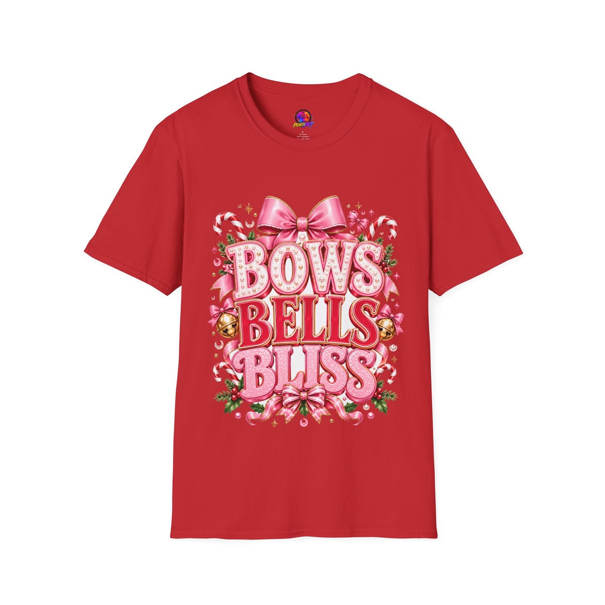 Bows Bells Bliss Christmas T‑Shirt — Pink Holiday Bow Graphic