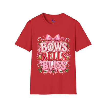 Bows Bells Bliss Christmas T‑Shirt — Pink Holiday Bow Graphic
