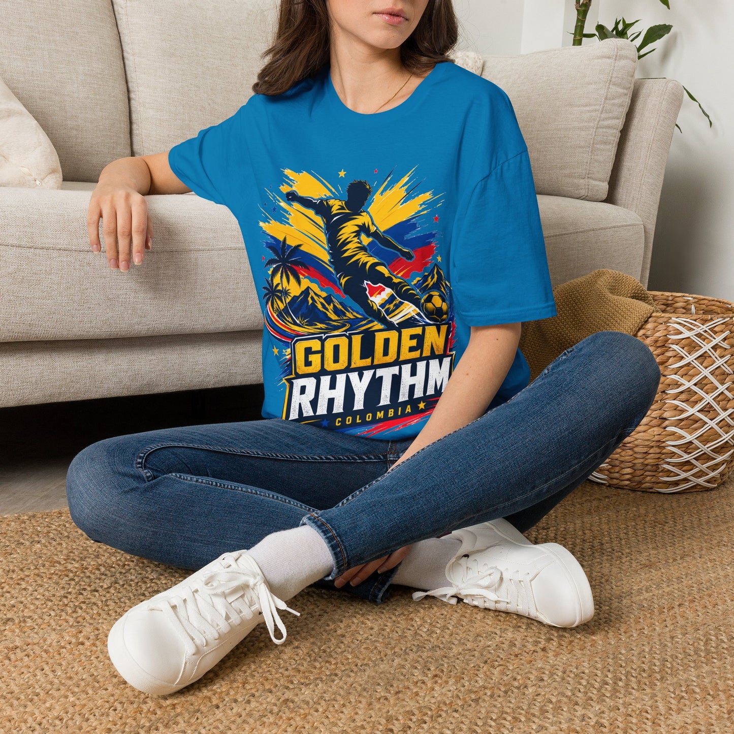 Columbia Soccer Player Graphic T-Shirt — "Golden Rhythm" Vibrant Beach Soccer Tee