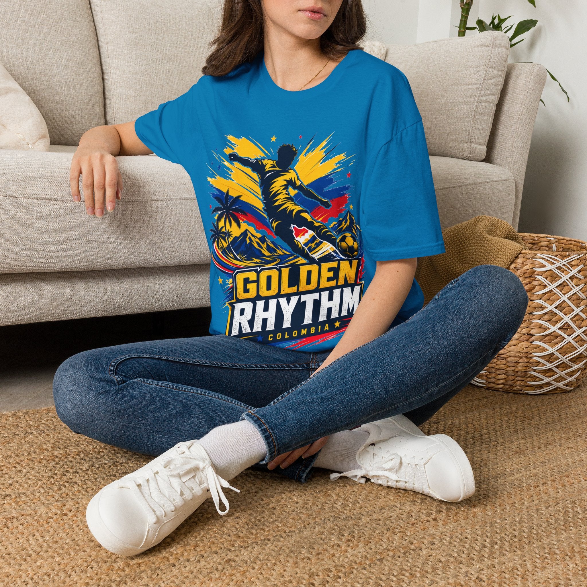 Columbia Soccer Player Graphic T-Shirt — "Golden Rhythm" Vibrant Beach Soccer Tee