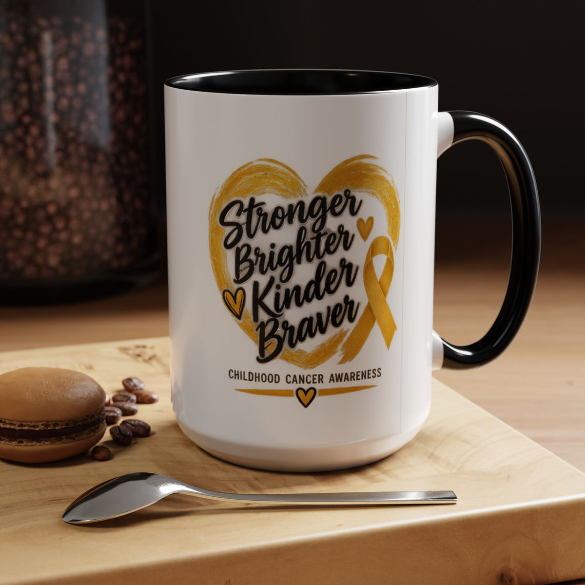 Childhood Cancer Awareness Accent Coffee Mug — "Stronger Brighter Kinder Braver"