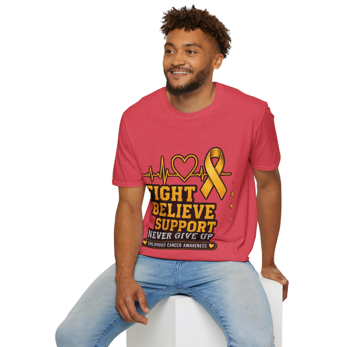 Childhood Cancer Awareness T-Shirt – "Fight Believe Support Never Give Up" Gold Ribbon Tee