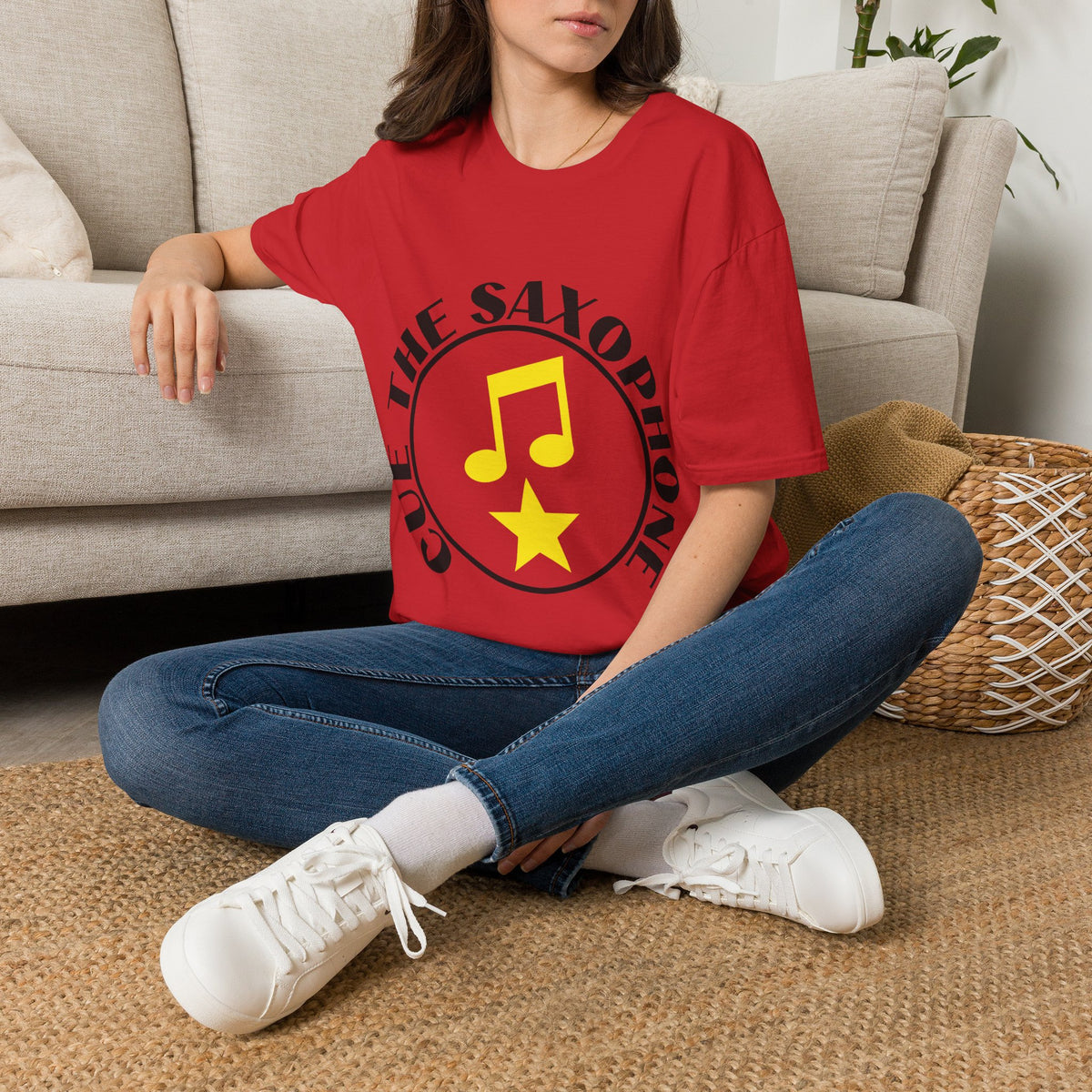 Cue The Saxophone Yellow Badge Tee - Funny Retro Music Slogan Graphic T-Shirt - Trending Now - September 2026