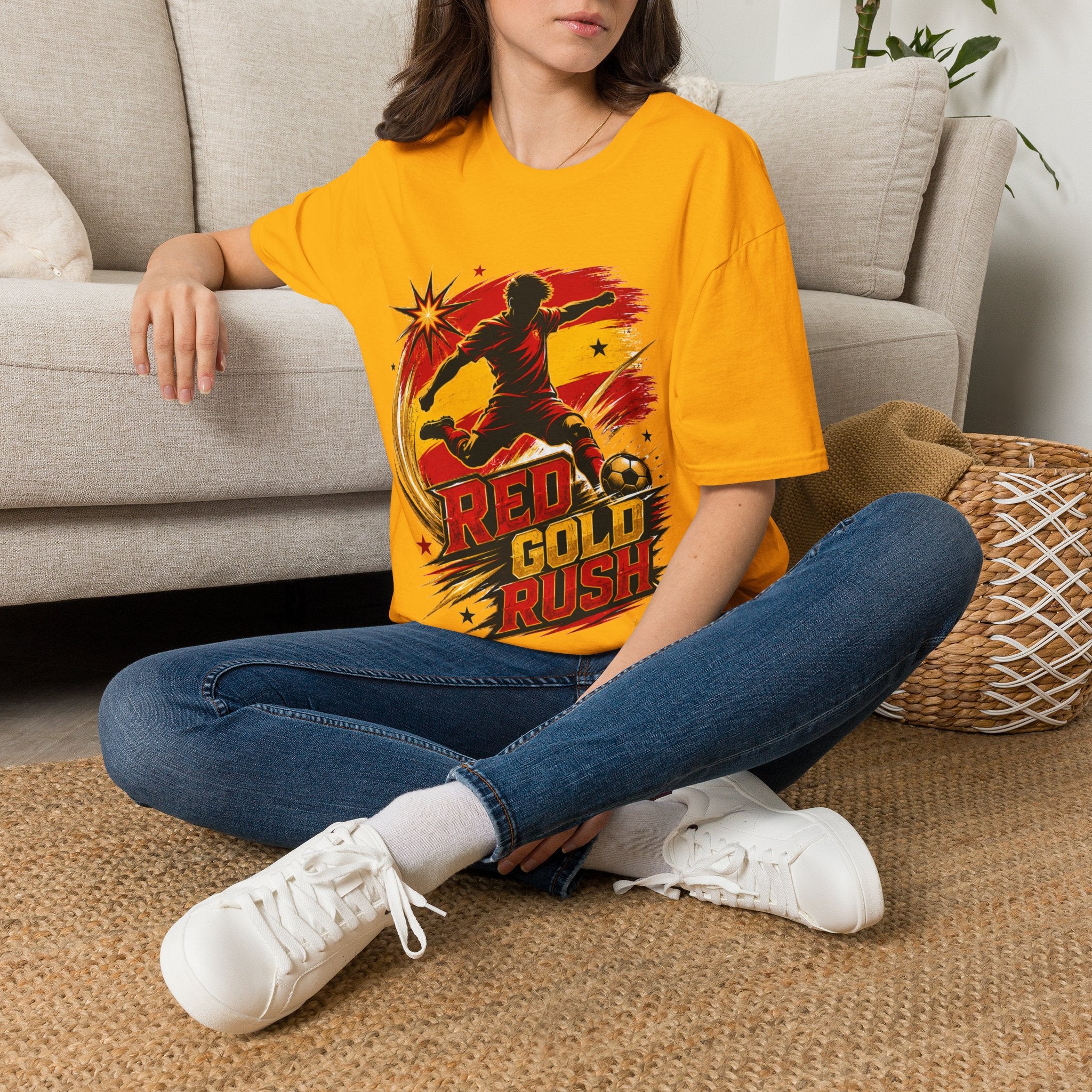 Spain Red & Gold Rush Soccer T-Shirt — Retro Soccer Player Graphic
