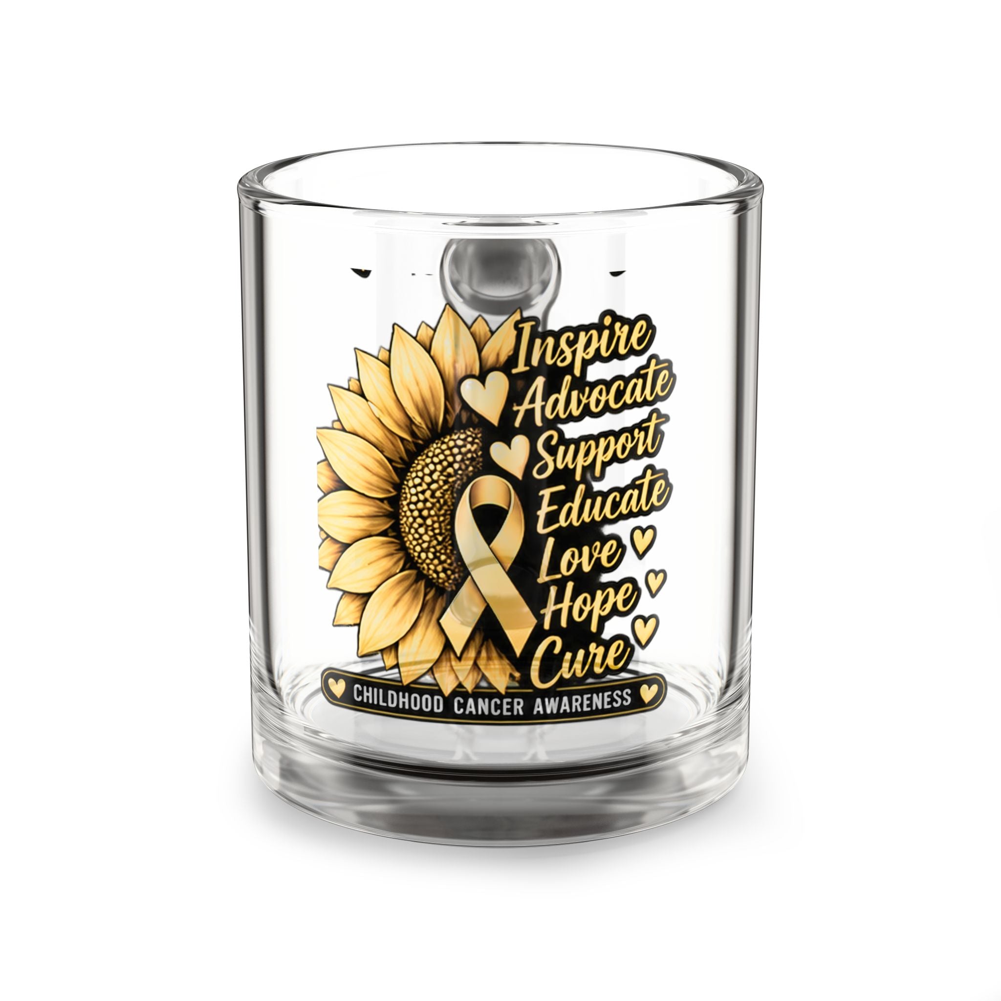 Childhood Cancer Awareness Glass Mug — Sunflower Ribbon "Inspire Advocate Support Educate Love Hope Cure" 10oz