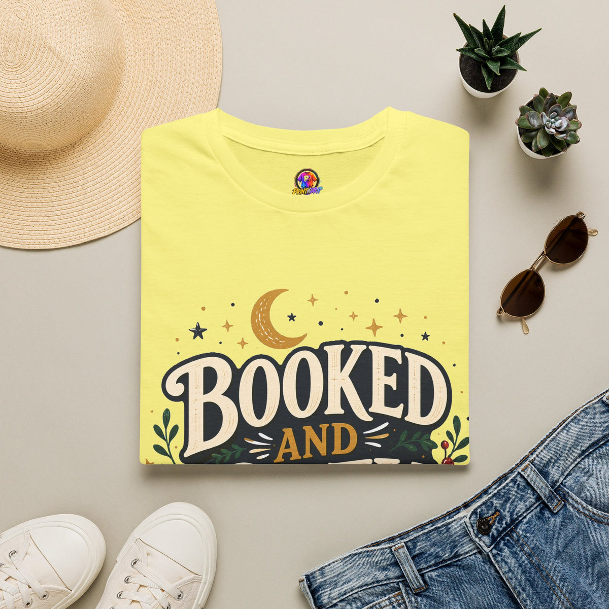 Booked and Cozy T-Shirt — Cozy Reading Graphic Tee (Books, Moon & Stars)