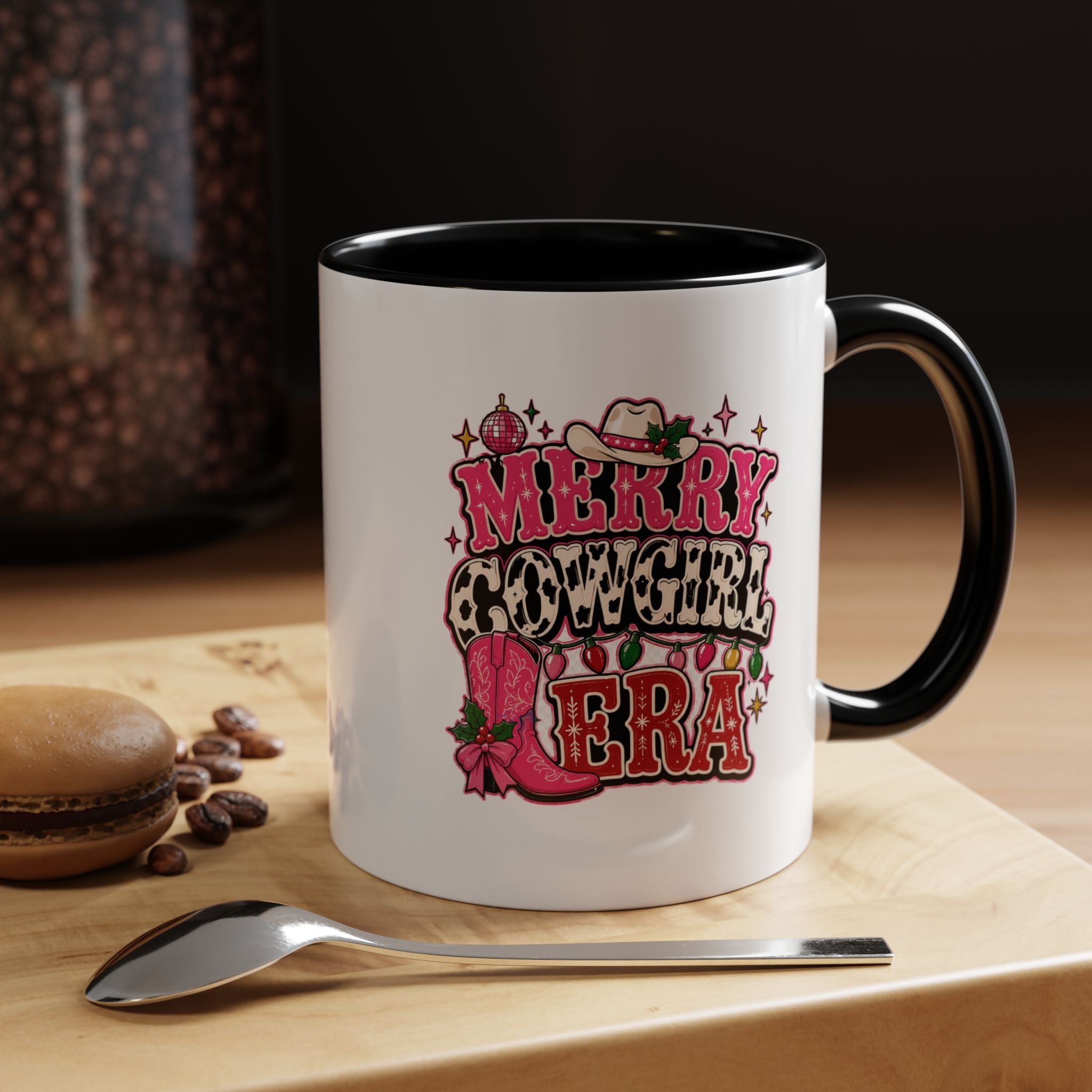 Modern Day Christmas Merry Cowgirl Era Accent Coffee Mug — Festive Pink Western Cowboy Boots & Hat Mug