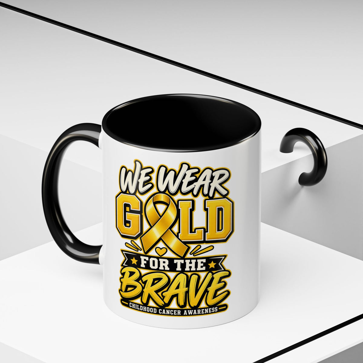 Childhood Cancer Awareness Accent Coffee Mug – "We Wear Gold for the Brave" (11/15 oz)