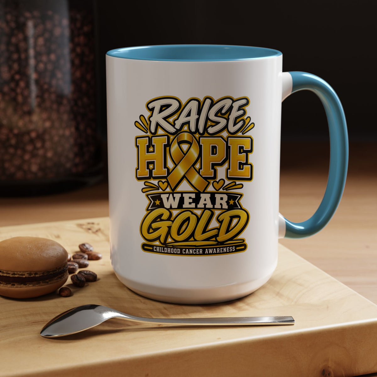 Raise Hope Wear Gold Cancer Awareness Coffee Mug (Accent, 11/15oz)