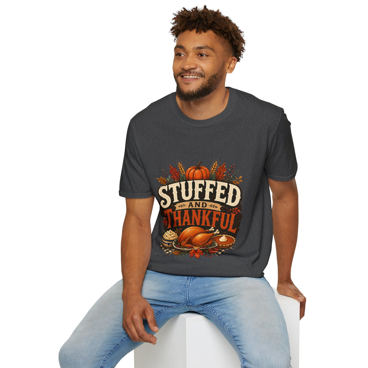 Thanksgiving T-Shirt Stuffed and Thankful T-Shirt — Thanksgiving Pumpkin Fall Graphic Tee