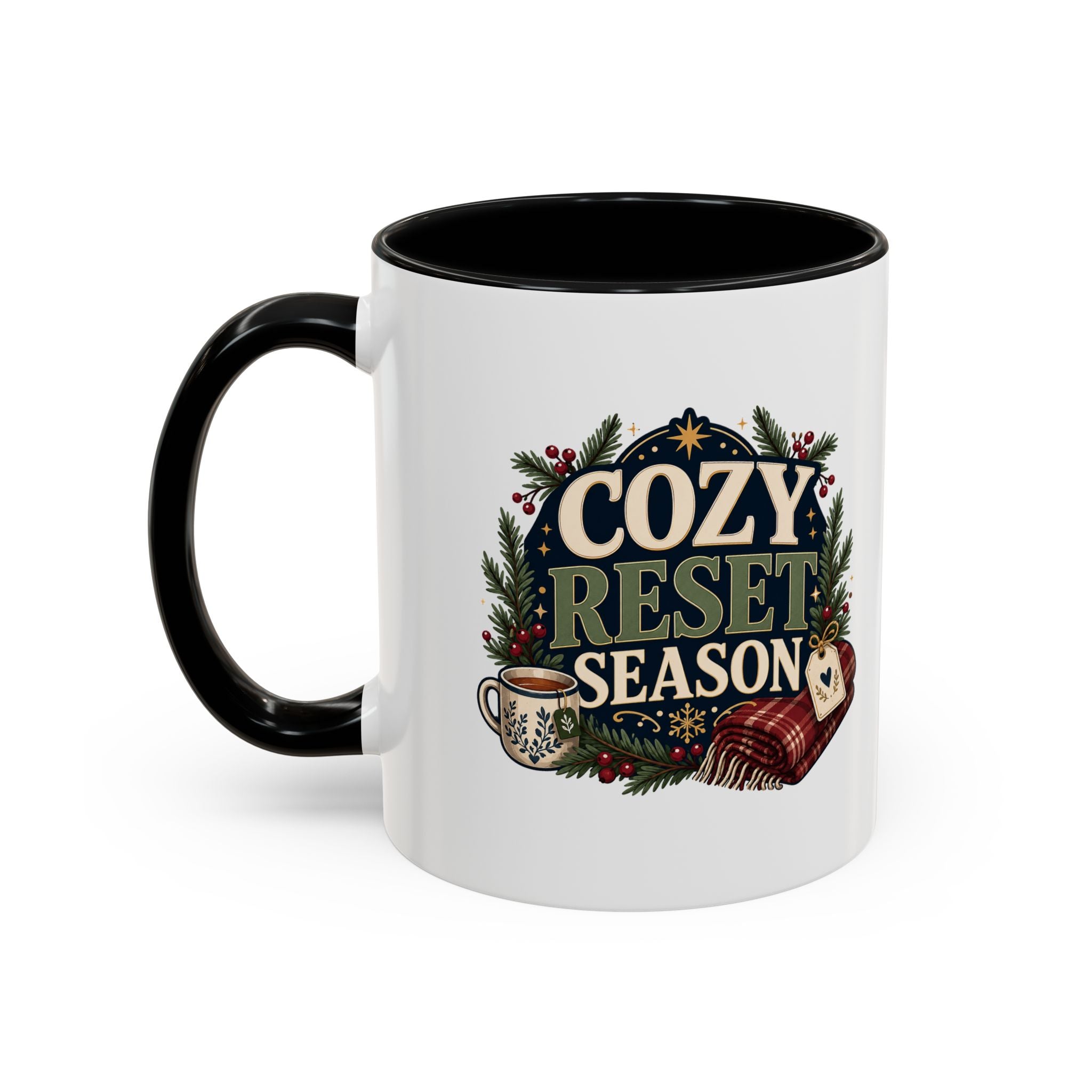 Modern Day Christmas Cozy Reset Season Mug — Holiday Coffee Cup with Blanket & Tea Tag Design