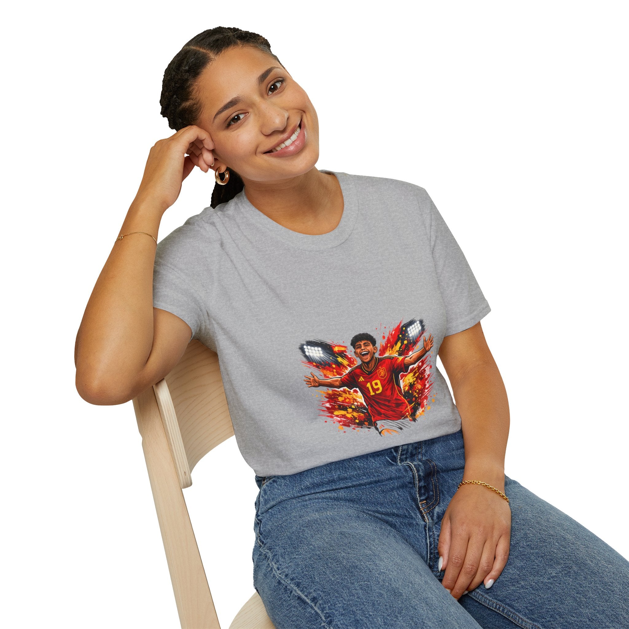 Spain Soccer Fan Portrait T‑Shirt – Fiery Goal Celebration Design