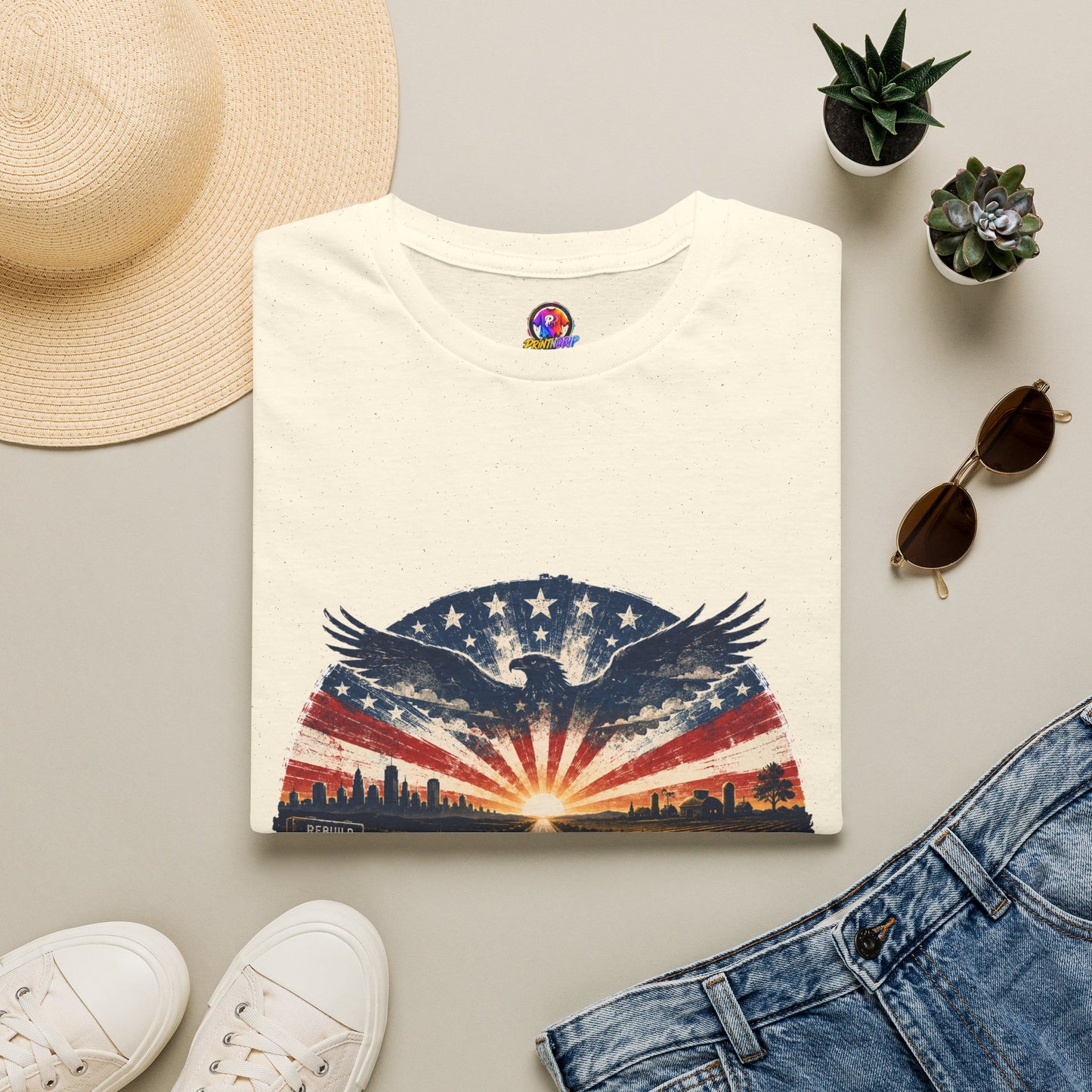 Patriotic Eagle T-Shirt — United States Skyline Vintage Flag Design