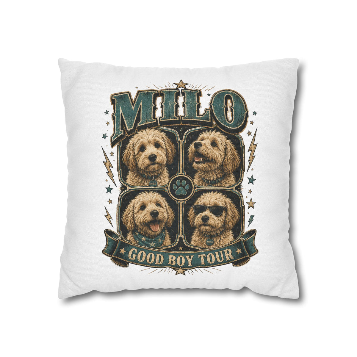 Milo "Good Boy Tour" Decorative Pillowcase — Dog Band Tour Poster Throw Pillowcase Milo Bailey Dog Dad Mom