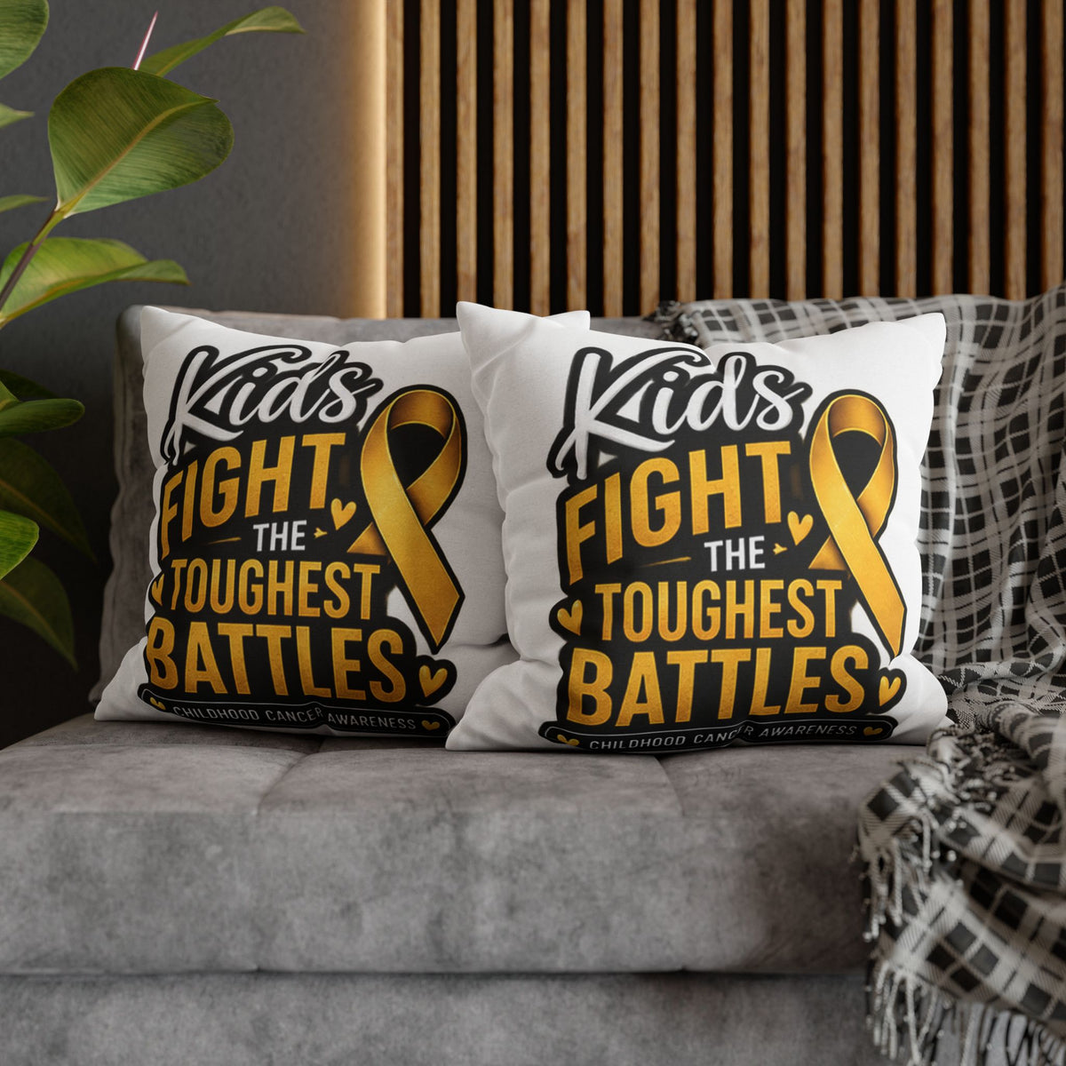 Childhood Cancer Awareness Pillowcase – “Kids Fight the Toughest Battles” Gold Ribbon Throw Pillow
