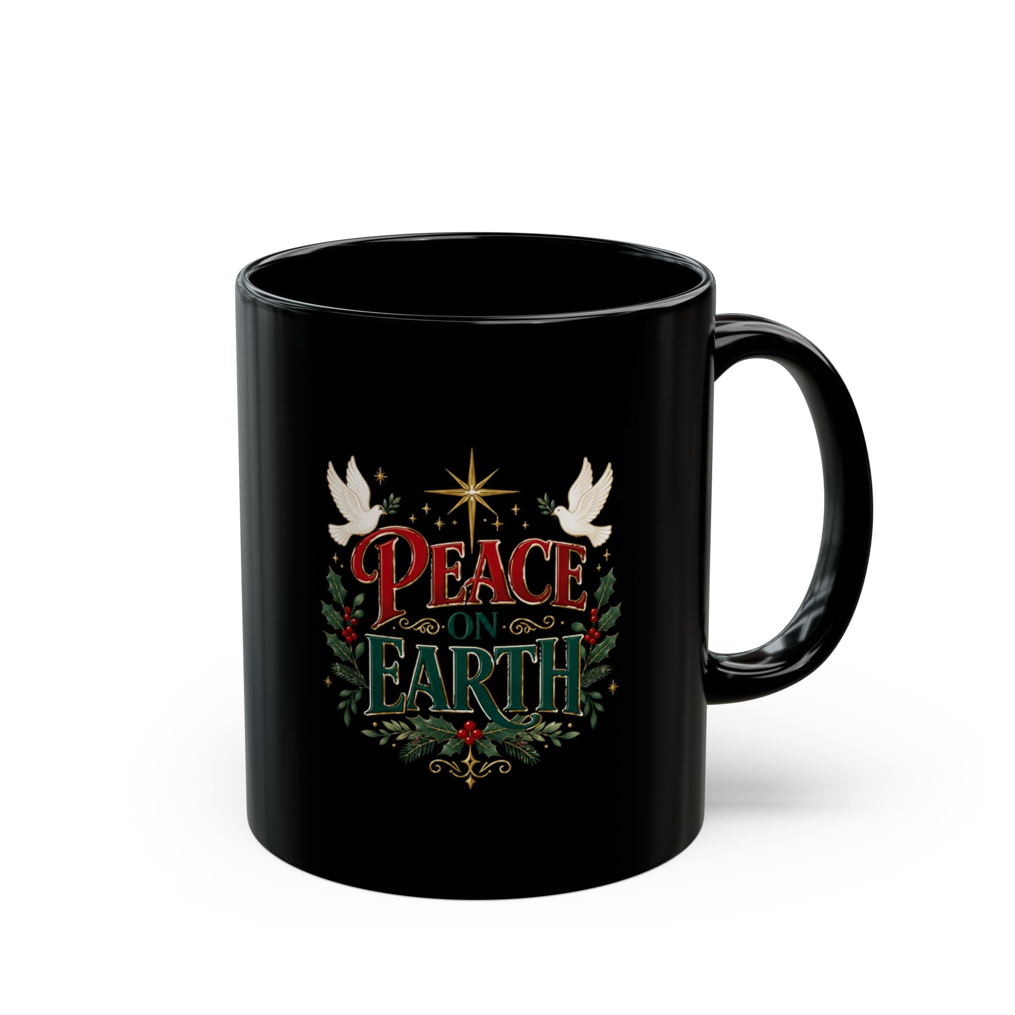 Peace on Earth Black Mug — Holiday Christmas Wreath Coffee Cup