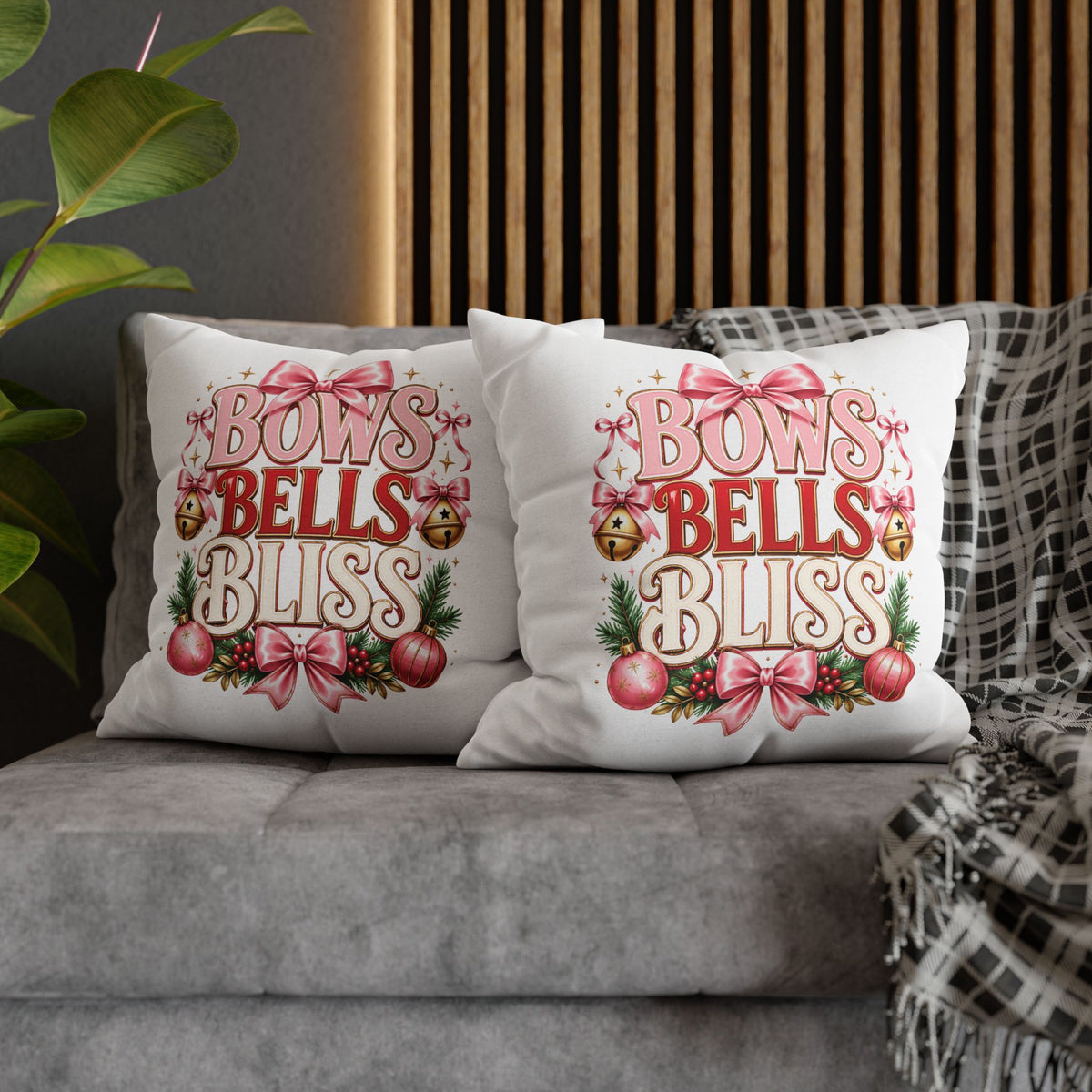 Christmas Bows Bells Bliss Decorative Pillowcase — Pink Christmas Holiday Throw Pillow Cover