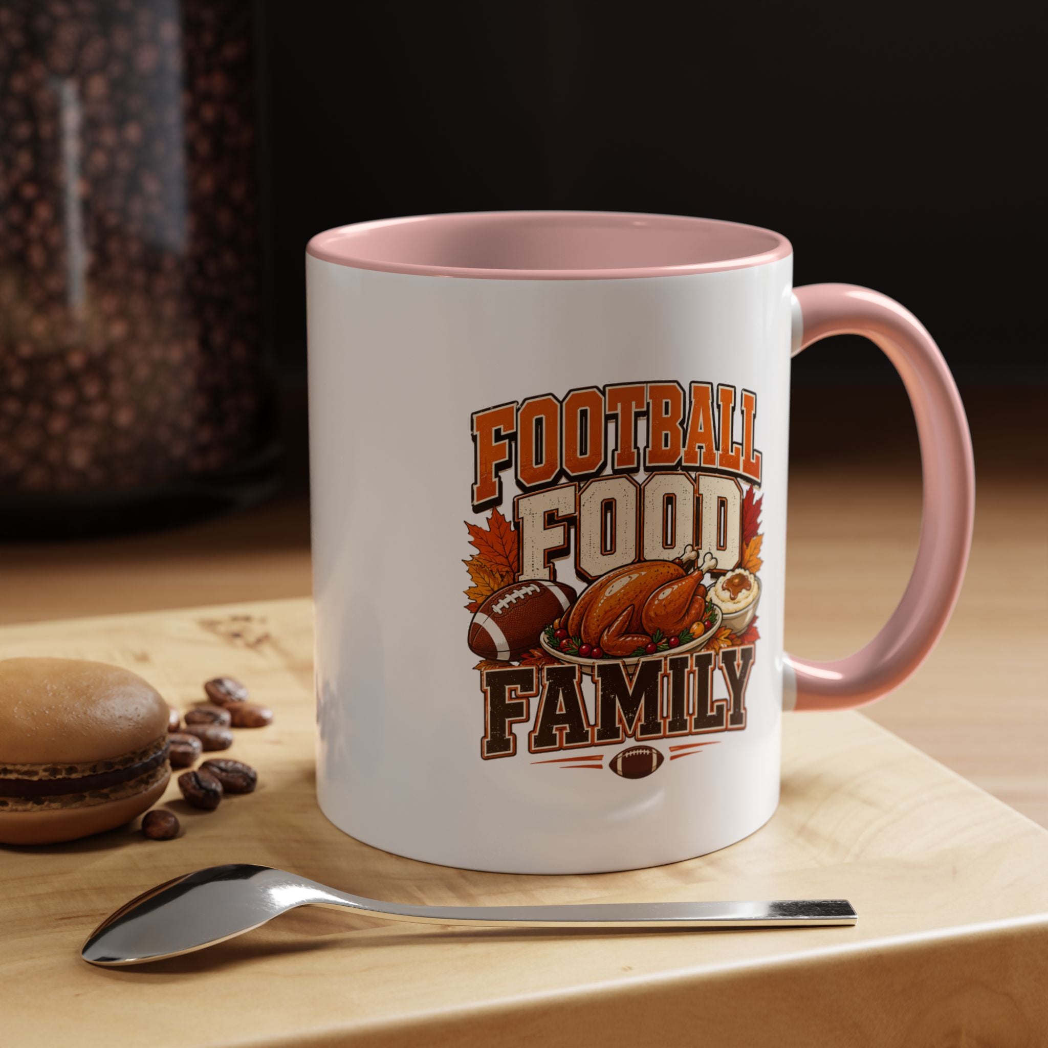 Thanksgiving Mug Football, Food & Family Coffee Mug — Thanksgiving Game Day Accent Mug